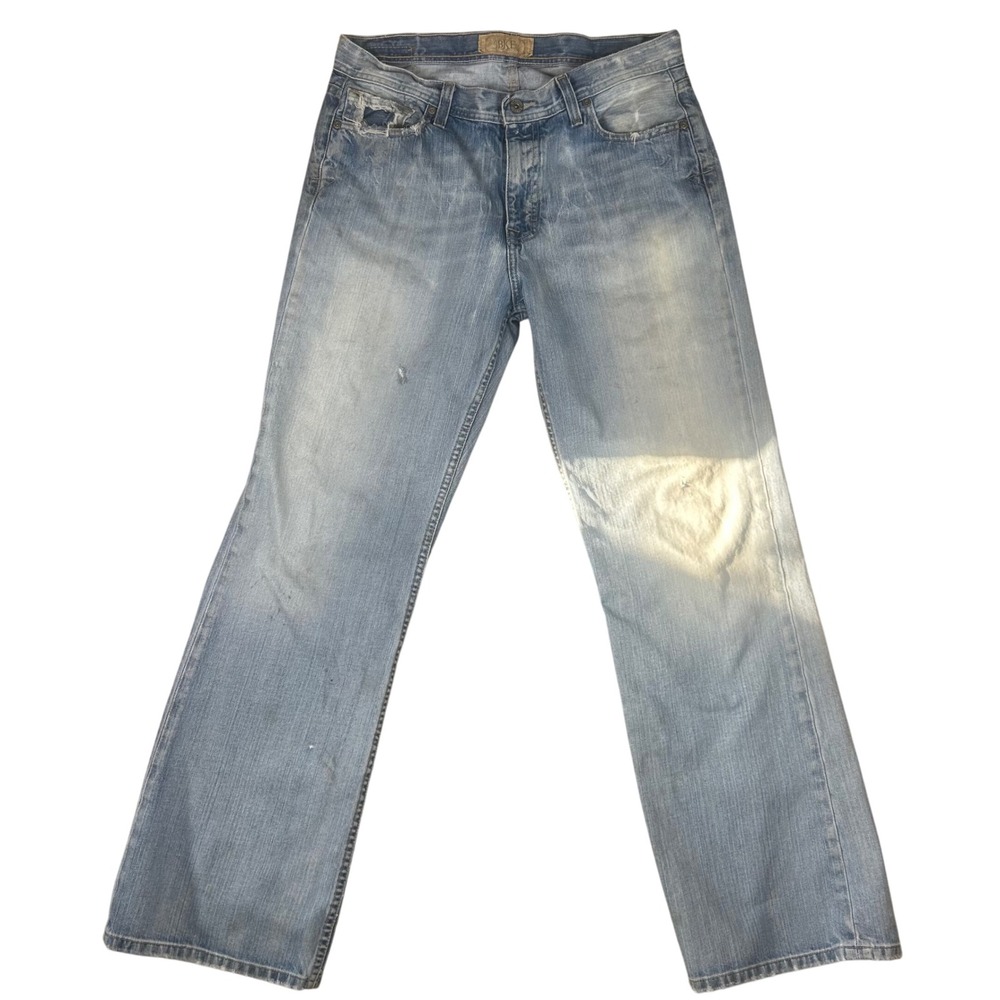 BKE Mens Light Wash Distressed Bootcut Tyler Jeans 33x32 Button Fly Frayed Hem